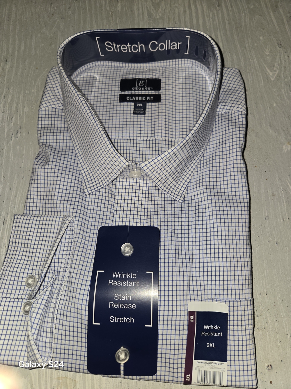 George Men’s White Dress Shirt with Blue Windowpane Check - Classic Fit Sz 2X Ne